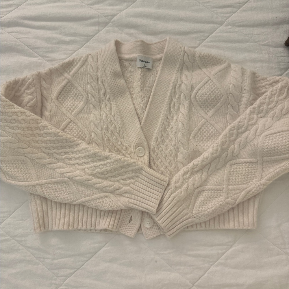 Aritzia Sunday Best Cropped Merino Wool Cream Cable Knit Cardigan